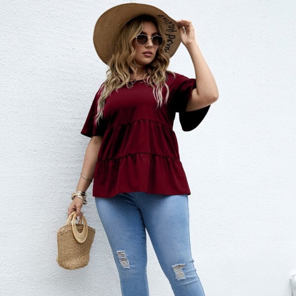 SHEIN Burgundy Flounce Sleeve Ruffle Hem Blouse SIze 0XL